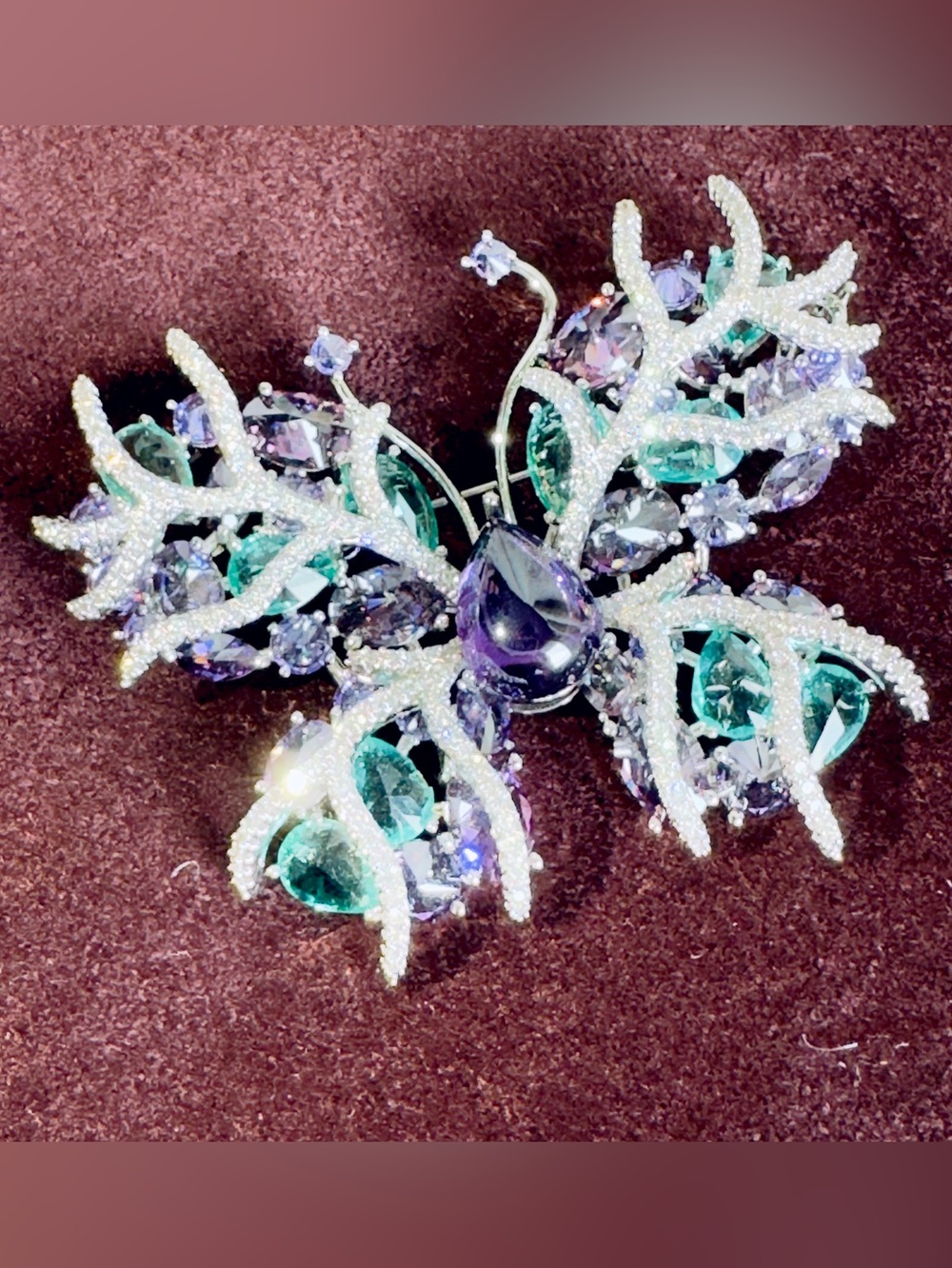 Silver-Tone Purple & Teal Crystal Butterfly Statement Brooch